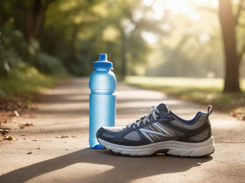 Running shoes and water bottle on a park path