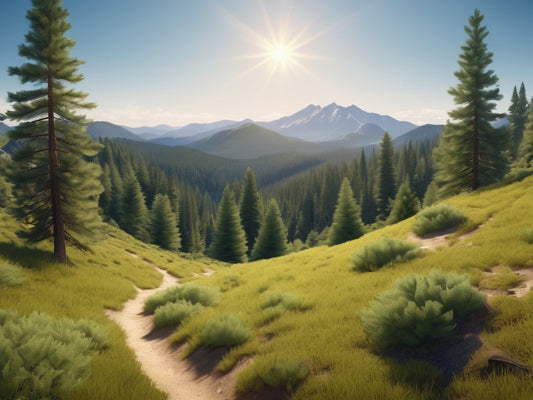 Scenic mountain hiking trail winding through a pine forest