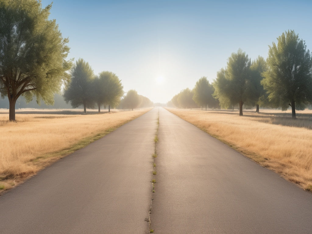 Hazy summer sun over an empty park path with heat shimmer rising from the pavement