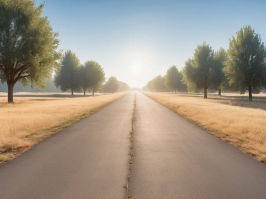 Hazy summer sun over an empty park path with heat shimmer rising from the pavement