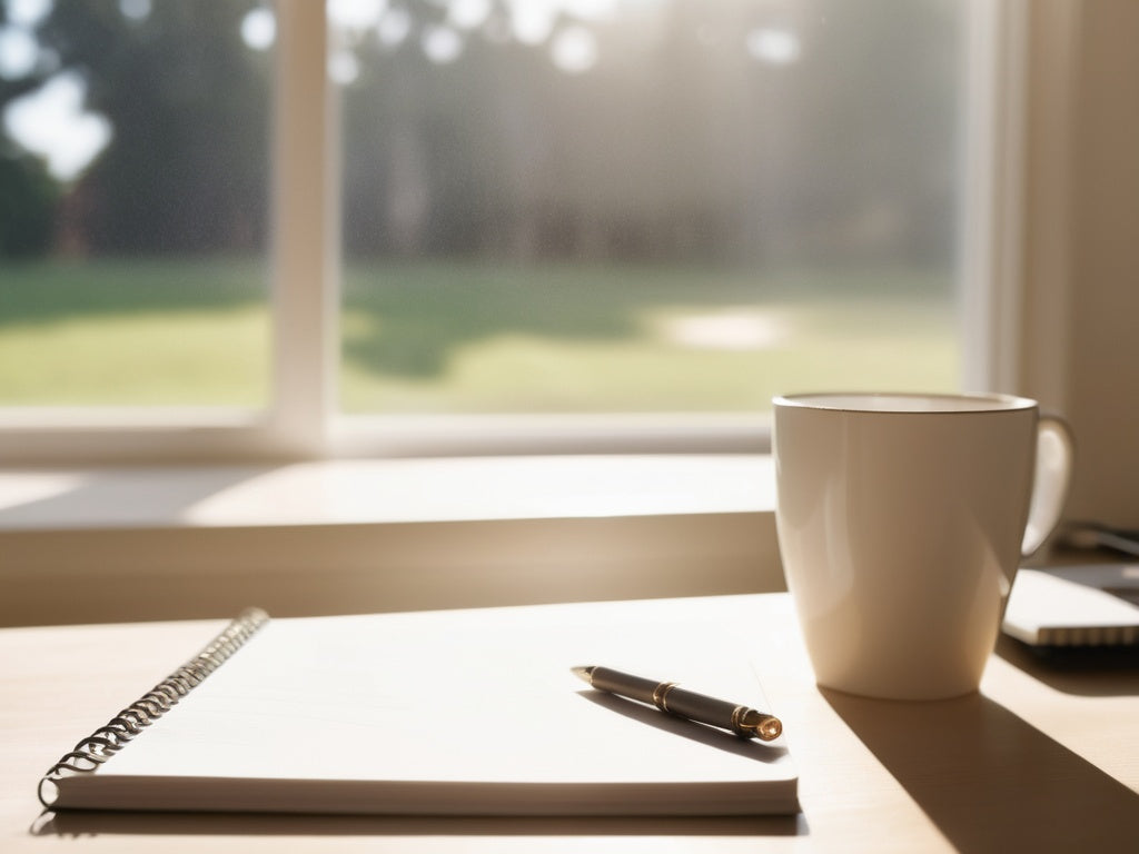 Morning desk with coffee mug, notebook, and soft window light