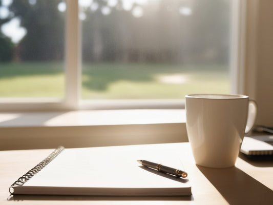 Morning desk with coffee mug, notebook, and soft window light