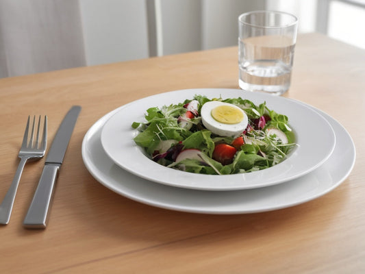 A clear glass of water beside a plated salad on a wooden dining table in daylight