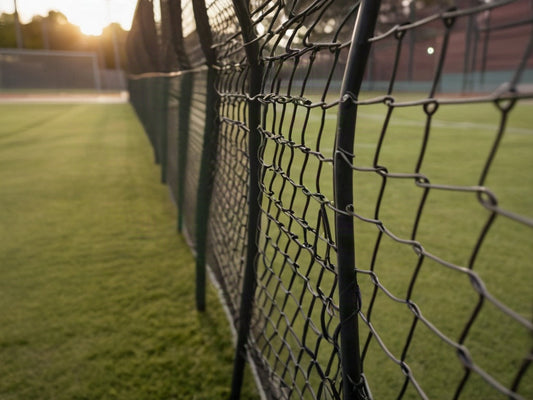 Close-up of chain-link batting cage fencing beside a grass field in evening light