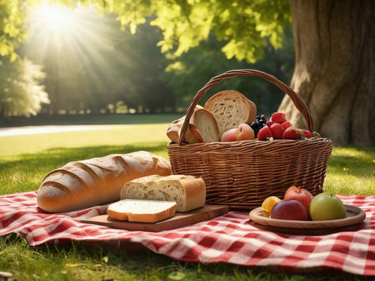 A picnic blanket with a woven basket, fresh fruit, and bread laid out on grass under a large shade tree in golden late-afternoon light