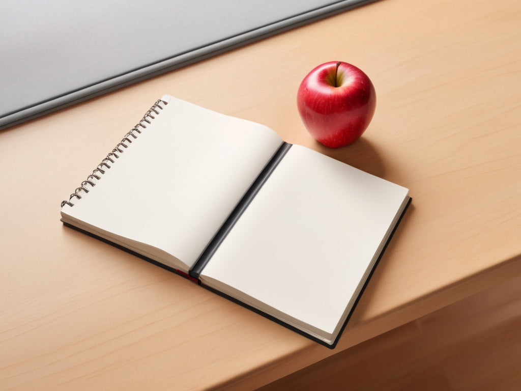 Apple and blank notebook on a wooden teacher desk