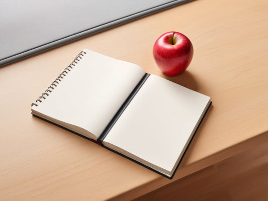 Apple and blank notebook on a wooden teacher desk