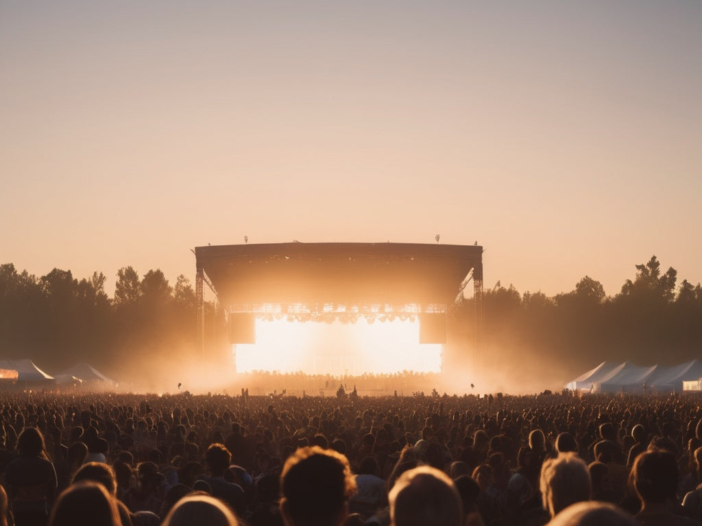 An outdoor summer festival field at golden hour photographed from behind the crowd with no readable text or logos