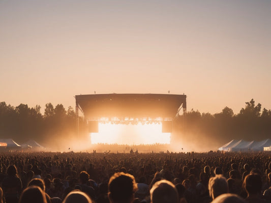 An outdoor summer festival field at golden hour photographed from behind the crowd with no readable text or logos