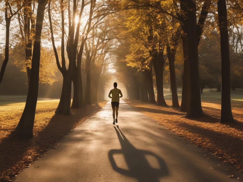 A runner seen from behind on a tree-lined paved path at sunrise, long shadows across the trail