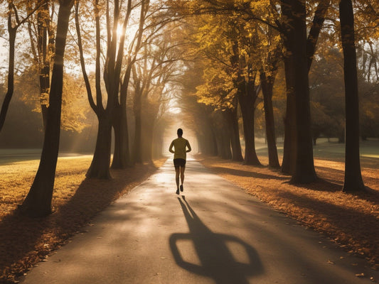 A runner seen from behind on a tree-lined paved path at sunrise, long shadows across the trail