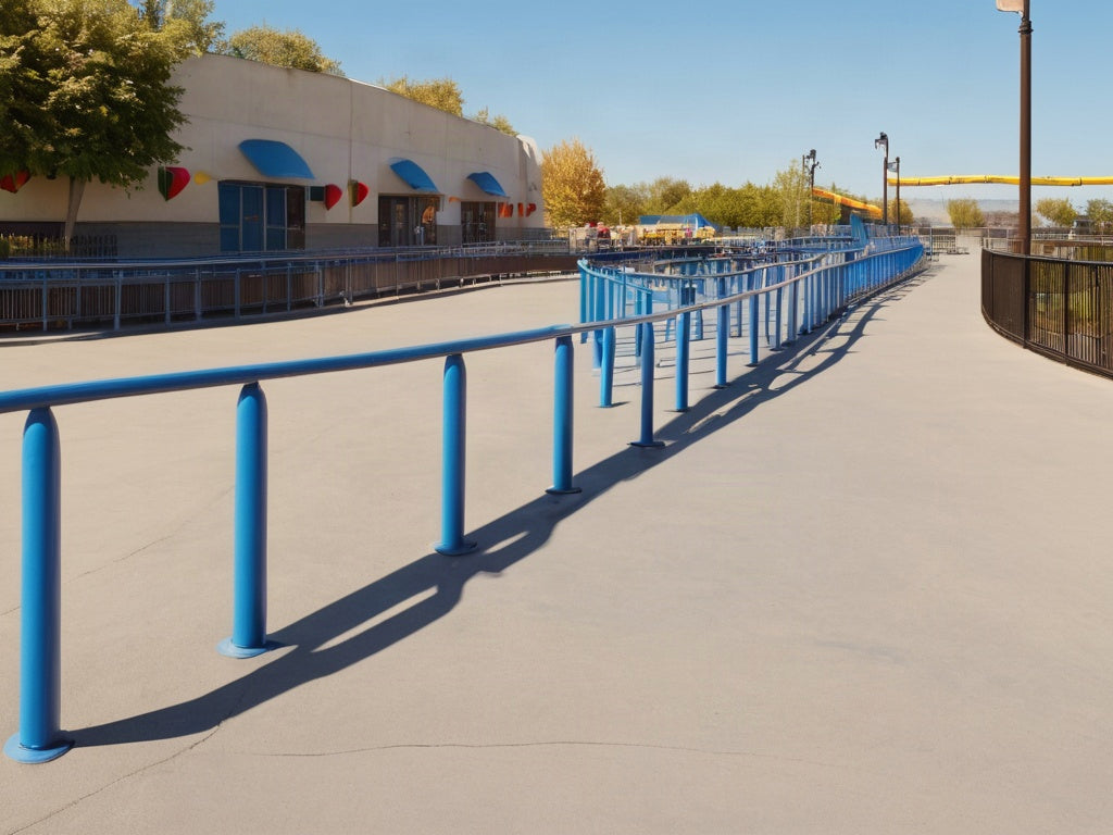 Empty amusement park queue line with blue guardrails