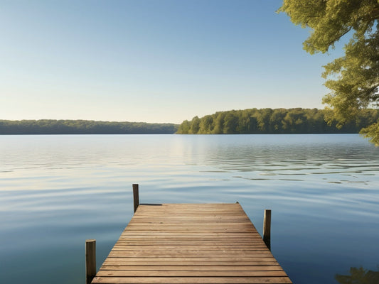 Wooden dock extending into a calm lake at golden morning light