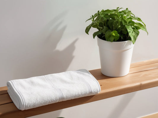 A rolled white gym towel on a wooden bench beside a small green potted plant