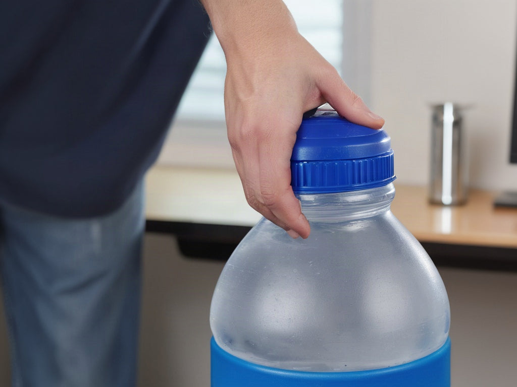Hand capping a large water jug opening on a kitchen counter
