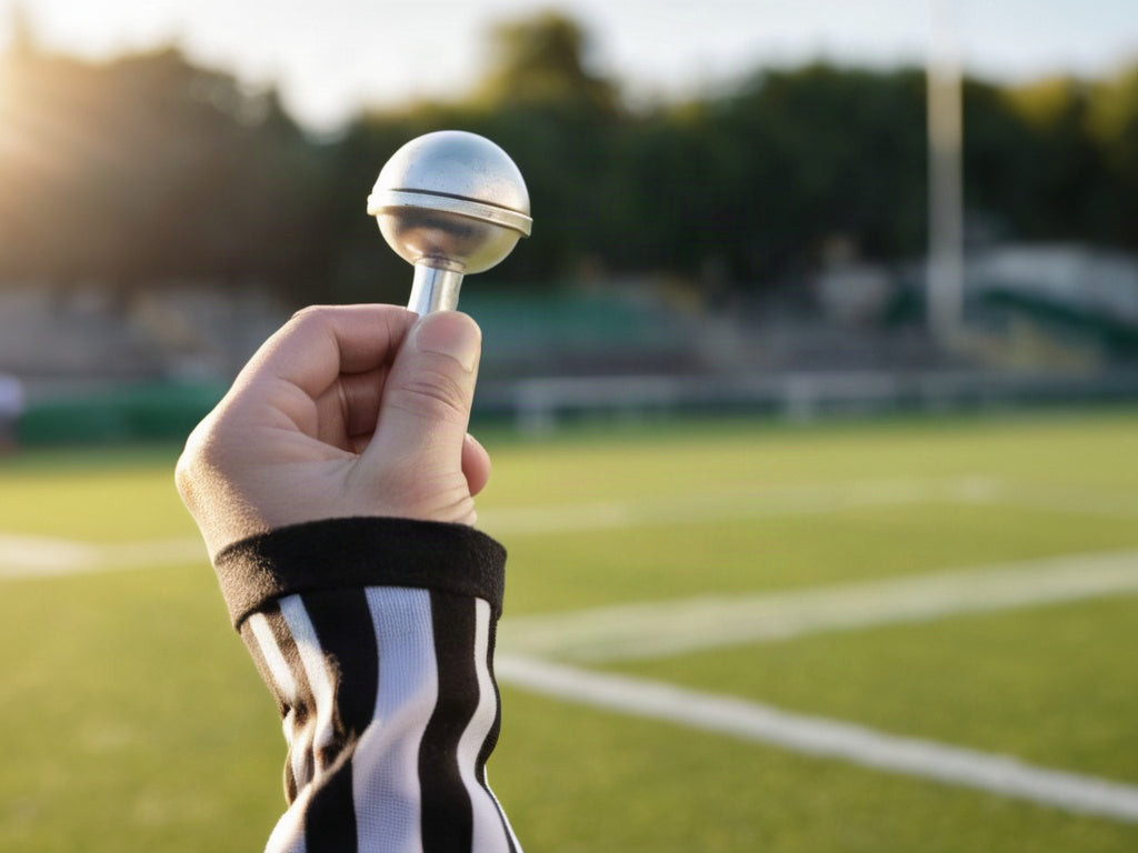 Close-up of a hand holding a whistle in a striped referee sleeve on a sports field