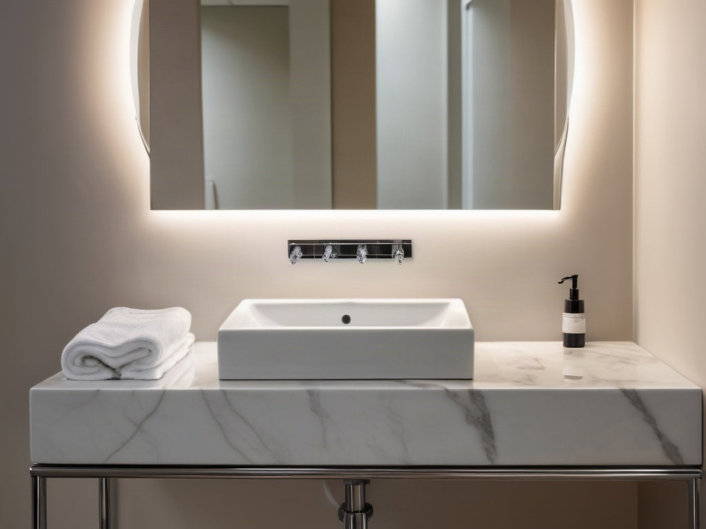 A clean white hotel bathroom sink with chrome faucet, a folded white towel beside it, soft overhead lighting, no text or logos