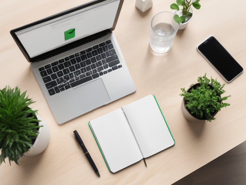 Tidy office desk flat lay with a laptop, notebook, plant and a glass of iced water