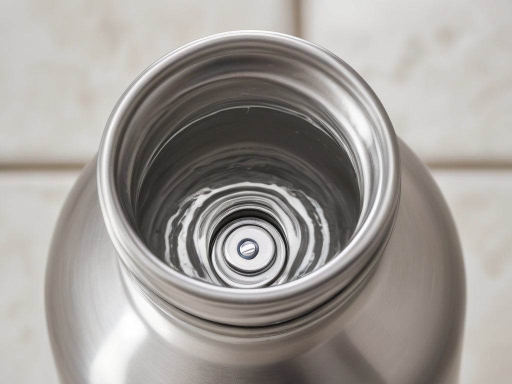 Top-down view into the wide mouth of a stainless steel water bottle