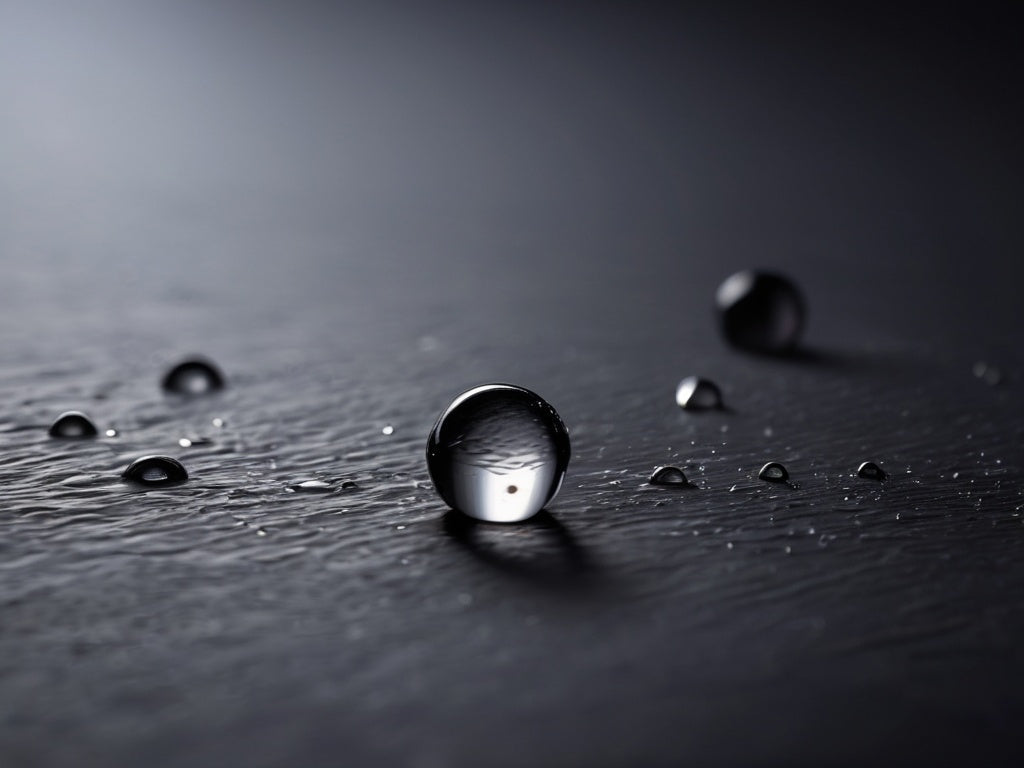 Clear water droplets on a dark slate surface