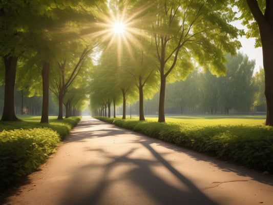 A tree-lined outdoor recreation path at golden hour