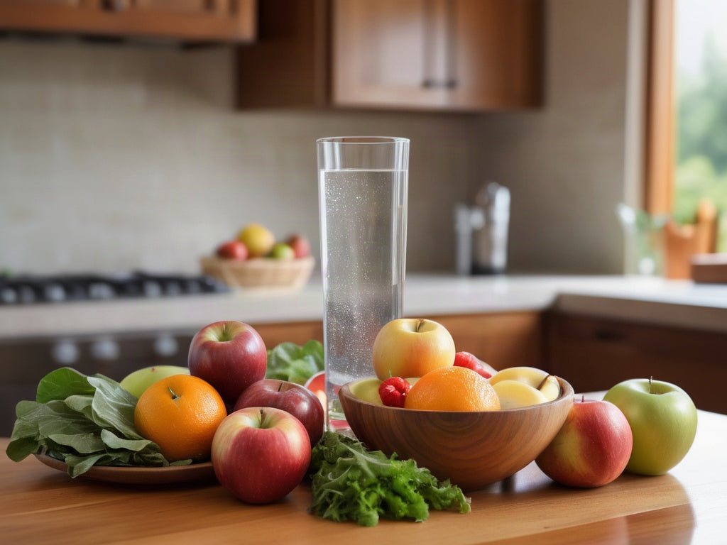 A tall glass of water beside a bowl of fresh fruit and vegetables on a wooden kitchen counter