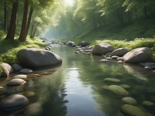 A clear shallow river running over smooth stones through a green forest in soft daylight