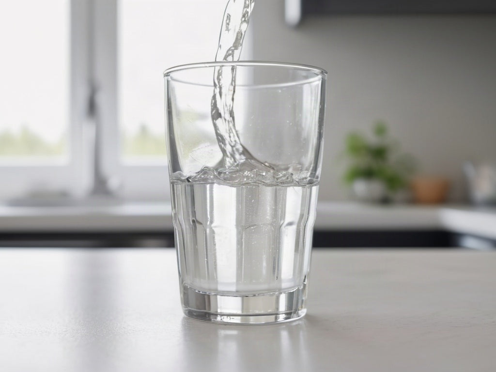 Clear water pouring into a plain drinking glass on a white kitchen counter