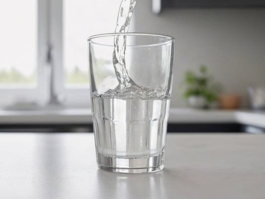 Clear water pouring into a plain drinking glass on a white kitchen counter