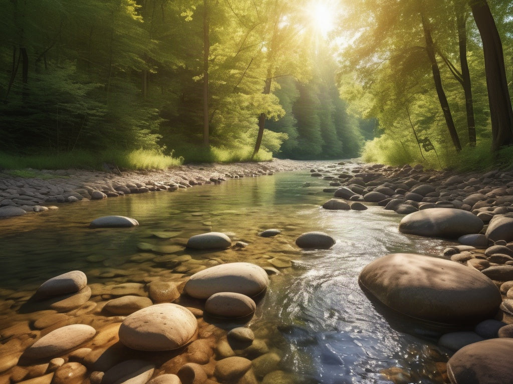clean shallow river flowing over smooth stones in a sunlit forest