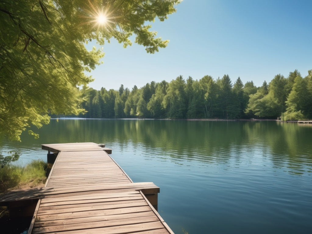 A sunny summer lake with a wooden dock reaching over calm blue water