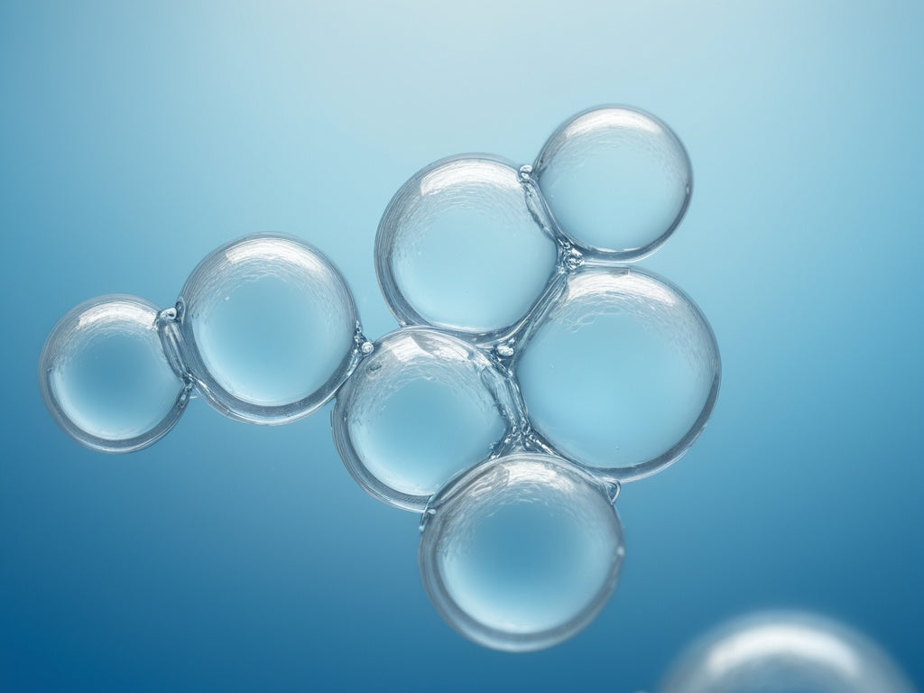 Tiny hydrogen gas bubbles rising through clear blue water