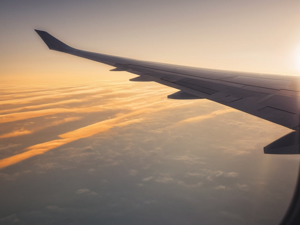 Airplane wing over golden clouds at sunrise seen through a cabin window