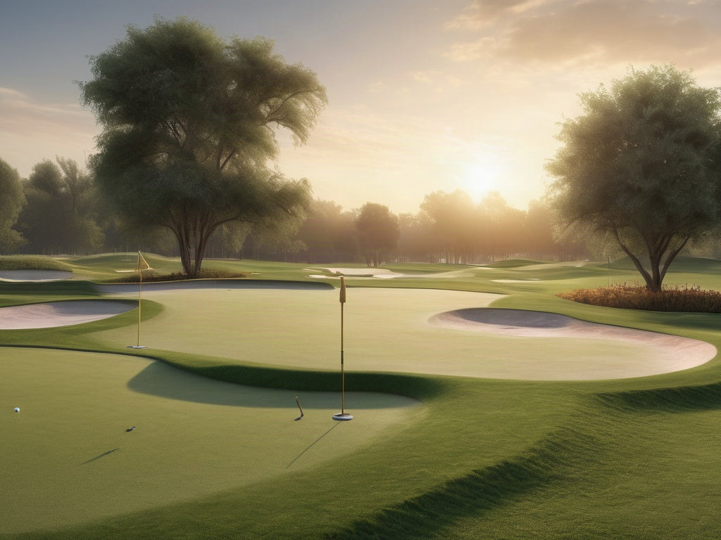 Freshly aerated golf putting green with topdressing sand at sunrise