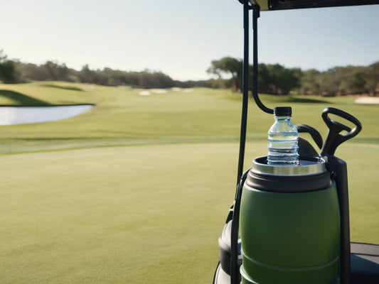 Stainless steel water bottle in a golf cart holder on a sunny course