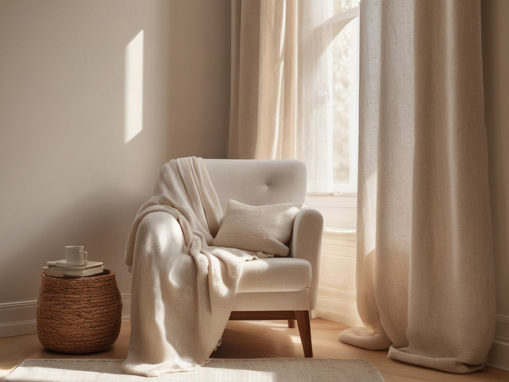 A cozy empty armchair with a soft cream blanket draped over the arm beside a sunlit window, a glass of water on a small side table