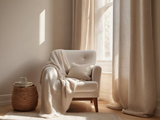 A cozy empty armchair with a soft cream blanket draped over the arm beside a sunlit window, a glass of water on a small side table