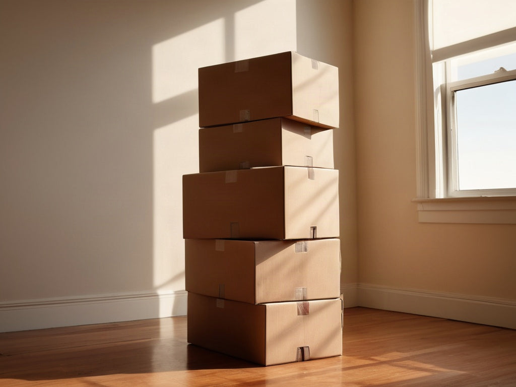 Stack of cardboard moving boxes in a sunlit empty apartment