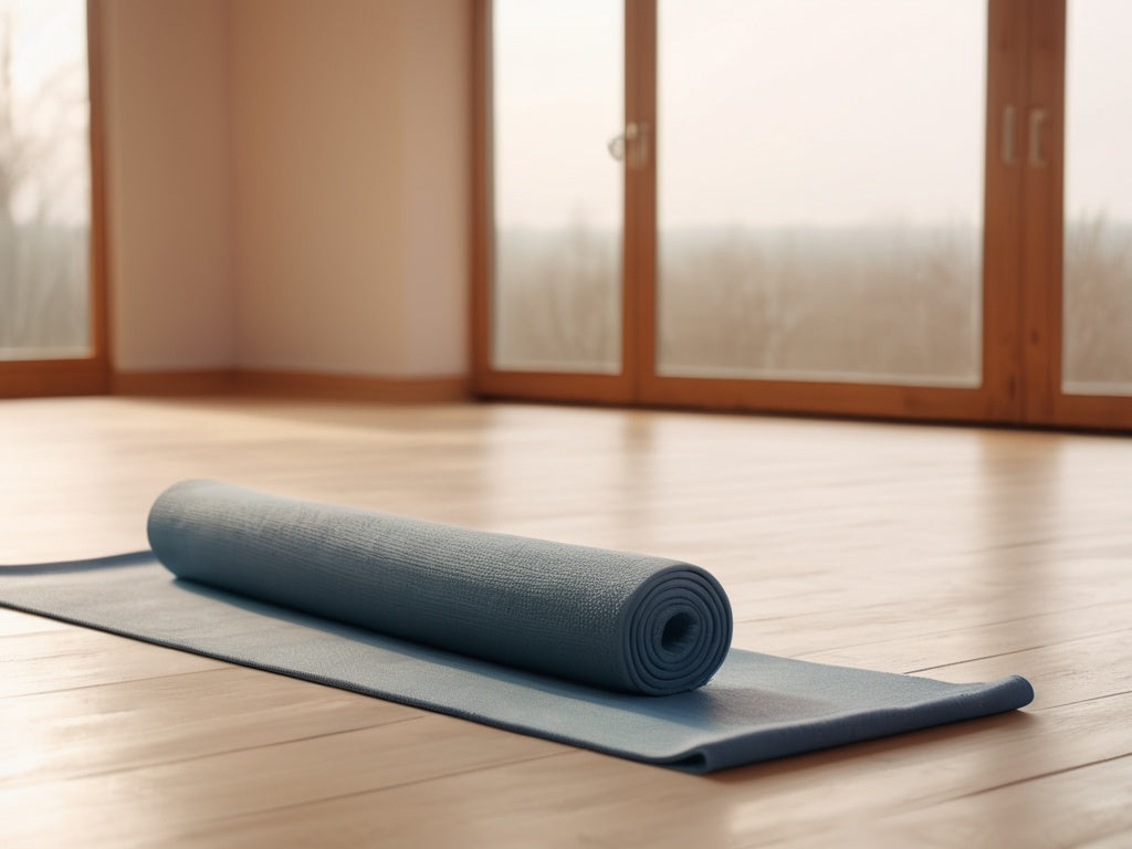 An empty warmly lit yoga studio with a rolled mat and a towel on a wooden floor, soft daylight through a window