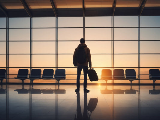 Traveler with a carry-on bag at an airport window at sunrise