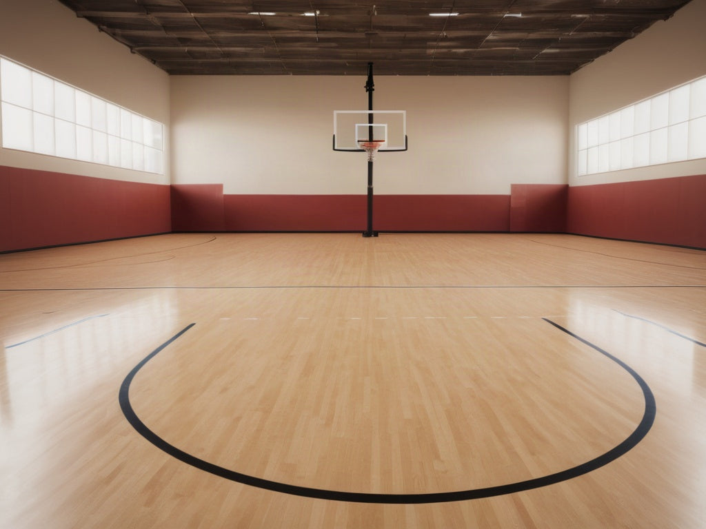 An empty indoor basketball court with polished hardwood floor and blank backboard