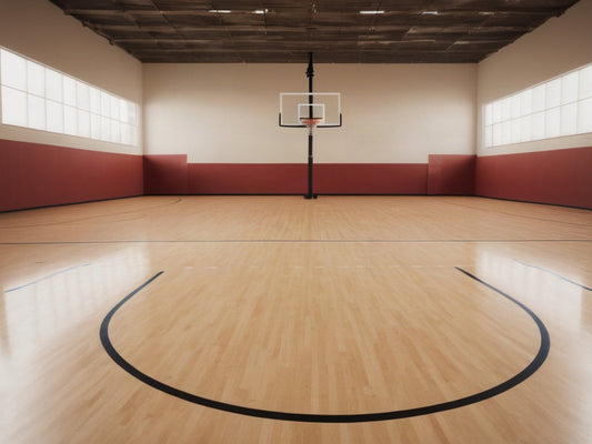 An empty indoor basketball court with polished hardwood floor and blank backboard