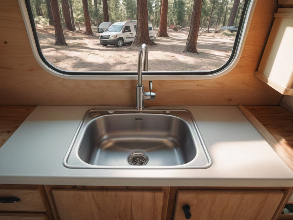 Compact camper van kitchen sink with a window view of pine trees at a campground