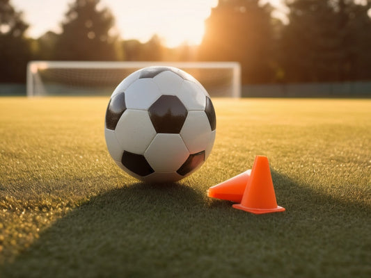 Soccer ball and training cones on an empty youth sports field at golden hour