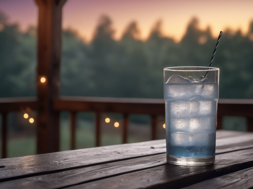 Glass of ice water on a wooden back porch table at dusk with string lights