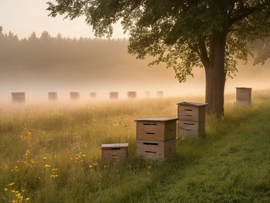 Wooden beehive boxes in a misty meadow at sunrise