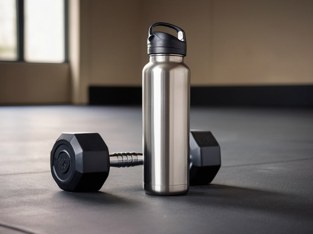 Plain stainless steel water bottle beside a dumbbell on a gym floor