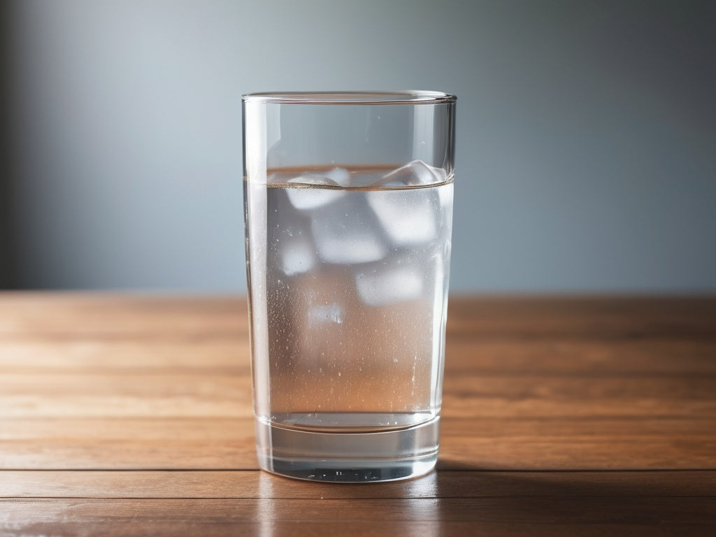 A tall clear glass of water with ice cubes and condensation on a wooden table in bright daylight