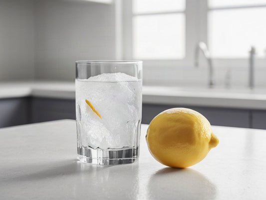 A tall glass of ice water with a lemon slice on a bright kitchen counter
