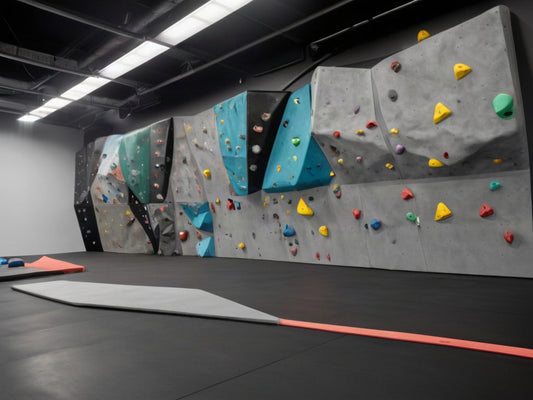 Indoor bouldering climbing gym wall with colorful holds and crash mats